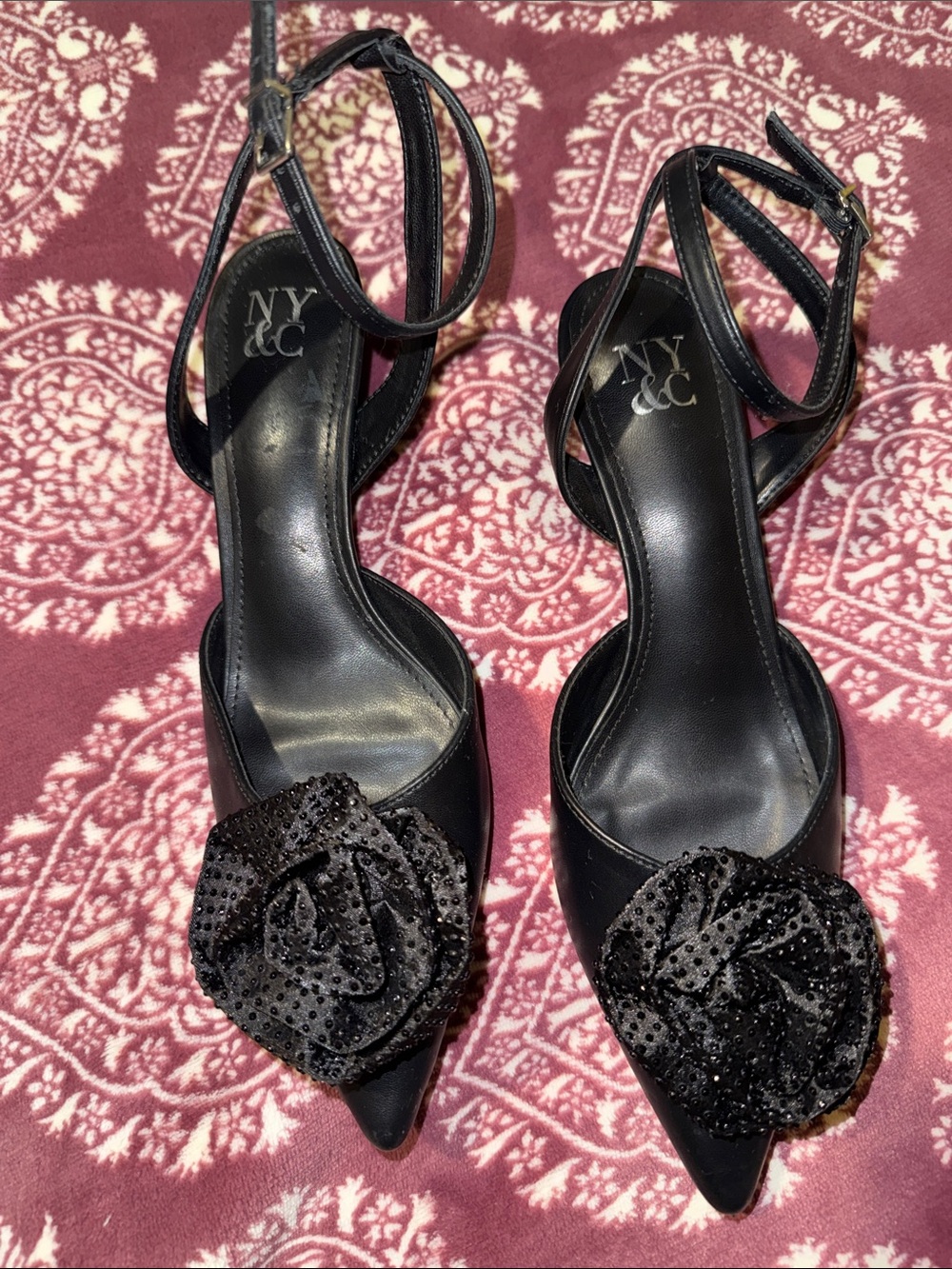 New York & Company Black Pointed Toe Ankle-Strap Heels with Floral Appliqué
